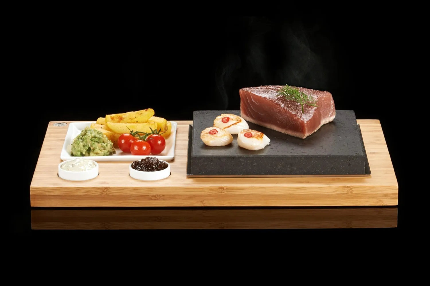 The SteakStones Steak Plate & Sauces Set